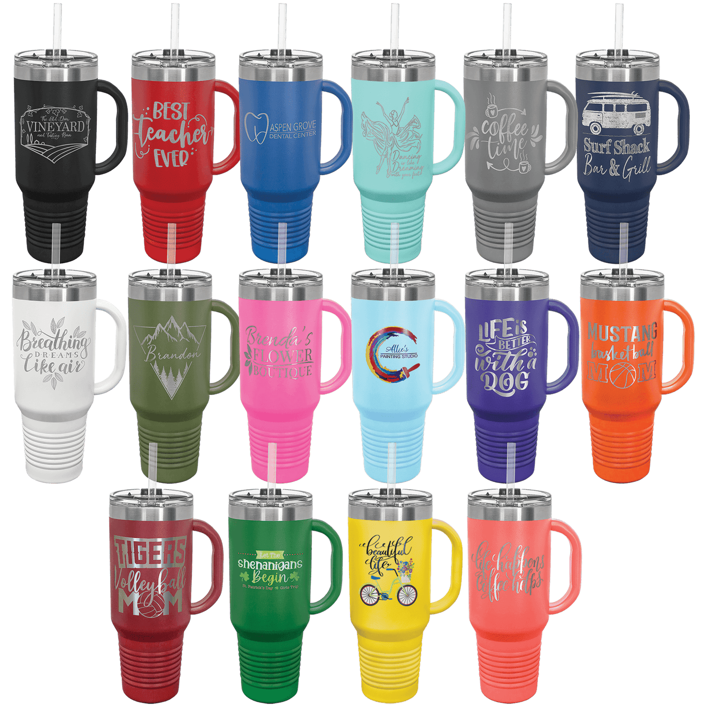 40 oz Travel Mug with snap lid & straw custom laser engraved